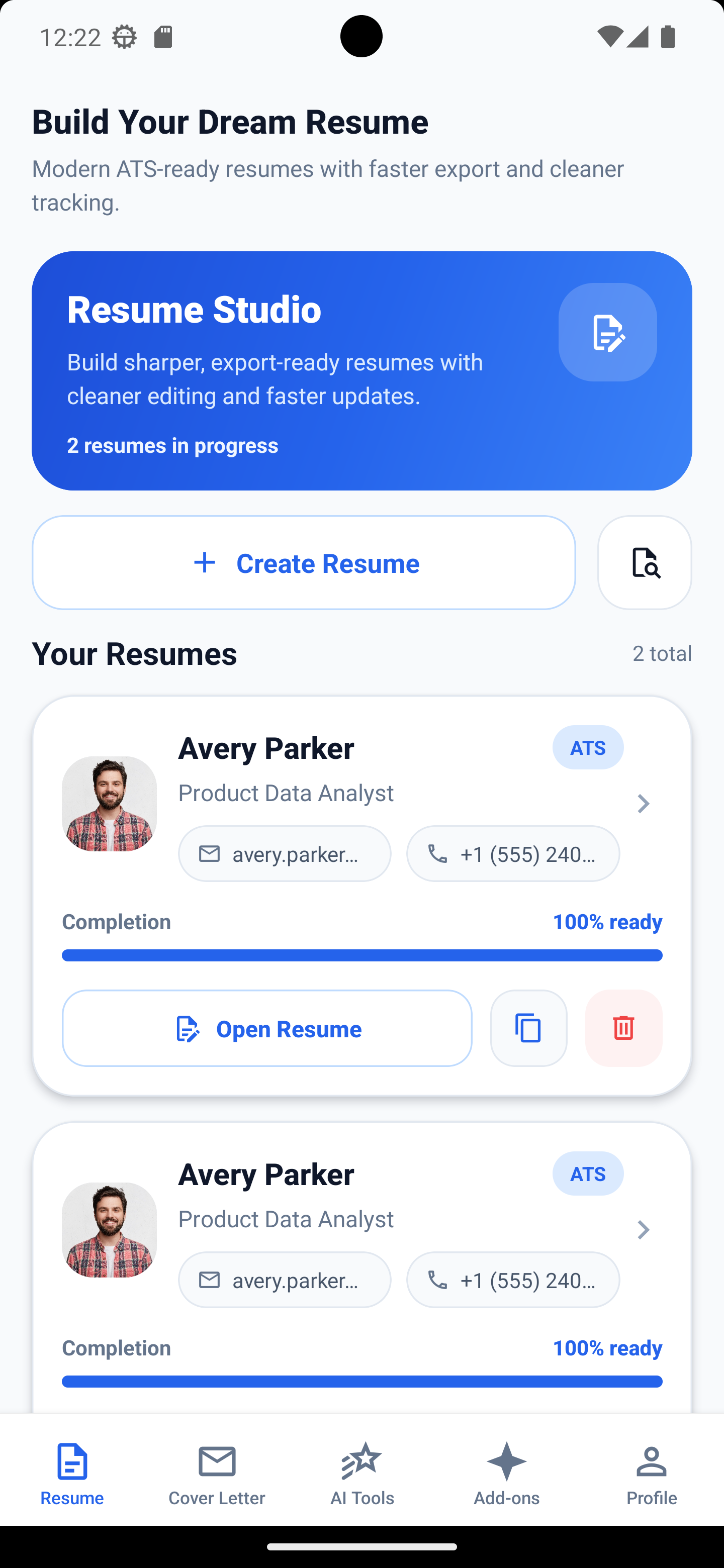 AI Resume Maker dashboard showing active resumes and ATS readiness