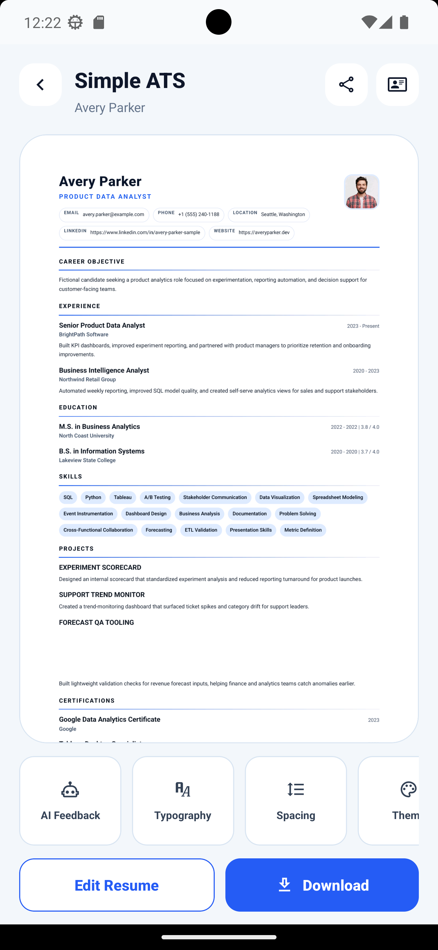 AI Resume Maker resume preview screen with PDF export actions