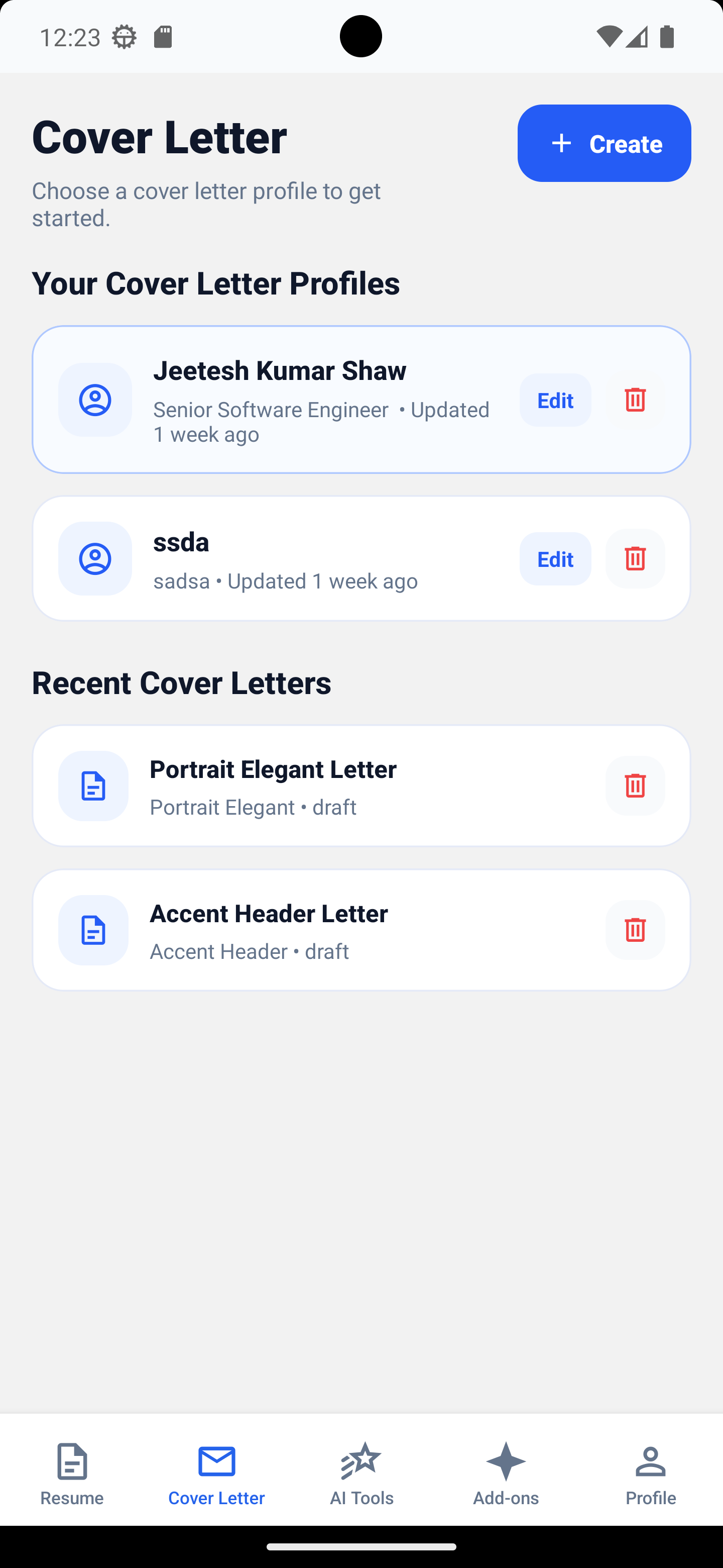 AI Resume Maker cover letter list with saved cover letter profiles