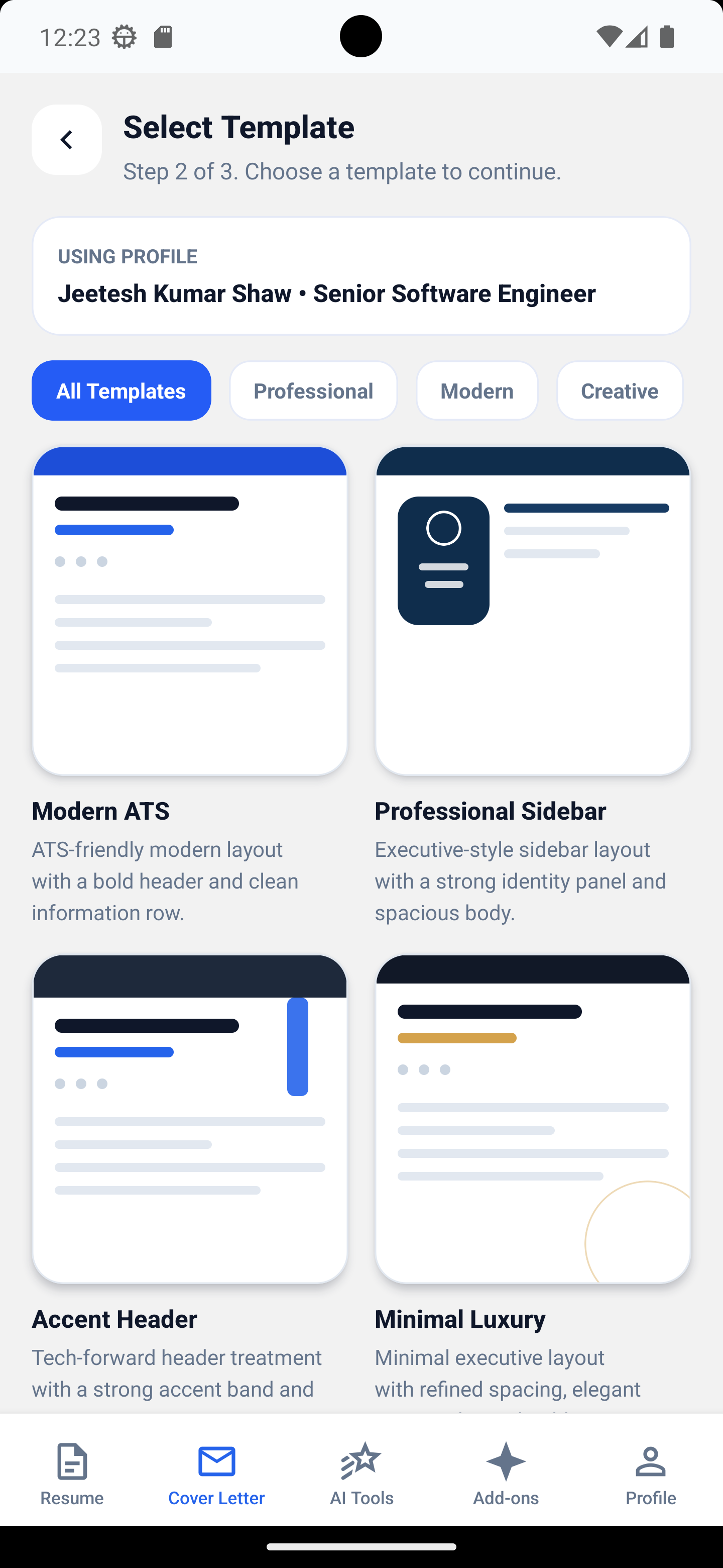 AI Resume Maker template picker showing modern resume templates