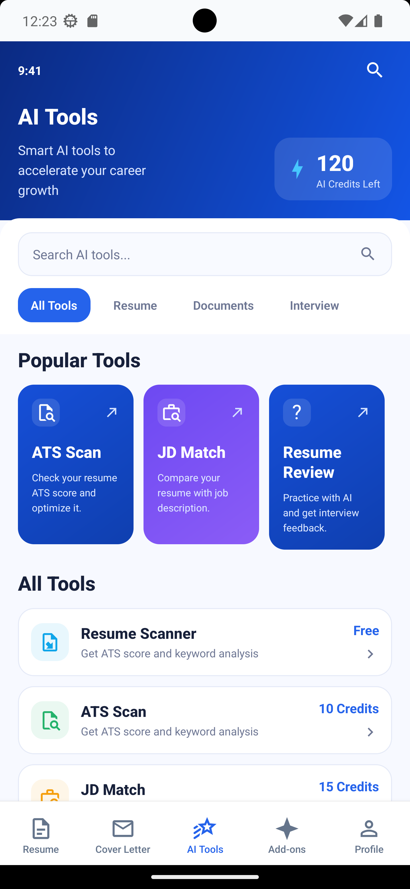 AI Resume Maker AI tools screen with ATS scan and JD match tools