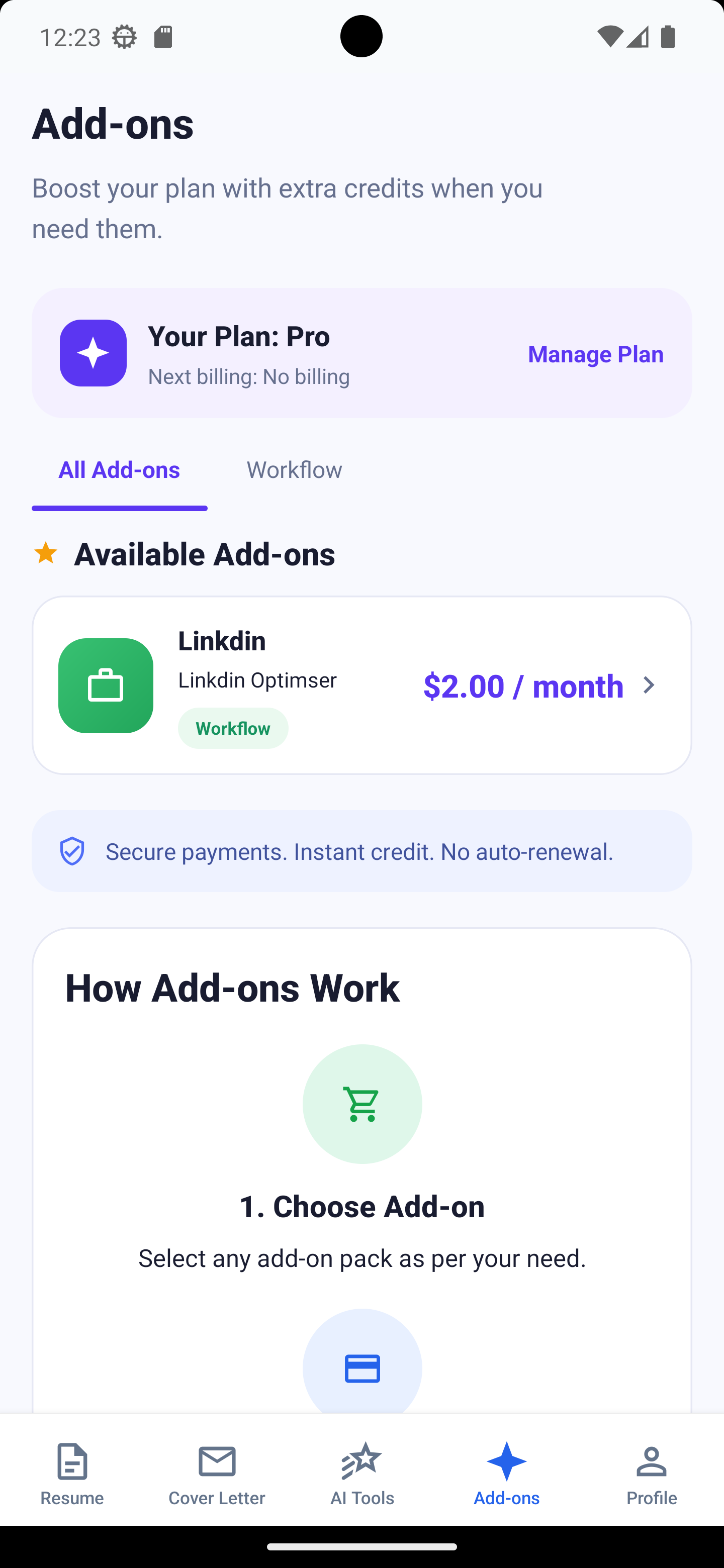 AI Resume Maker add-ons screen for extra resume tools