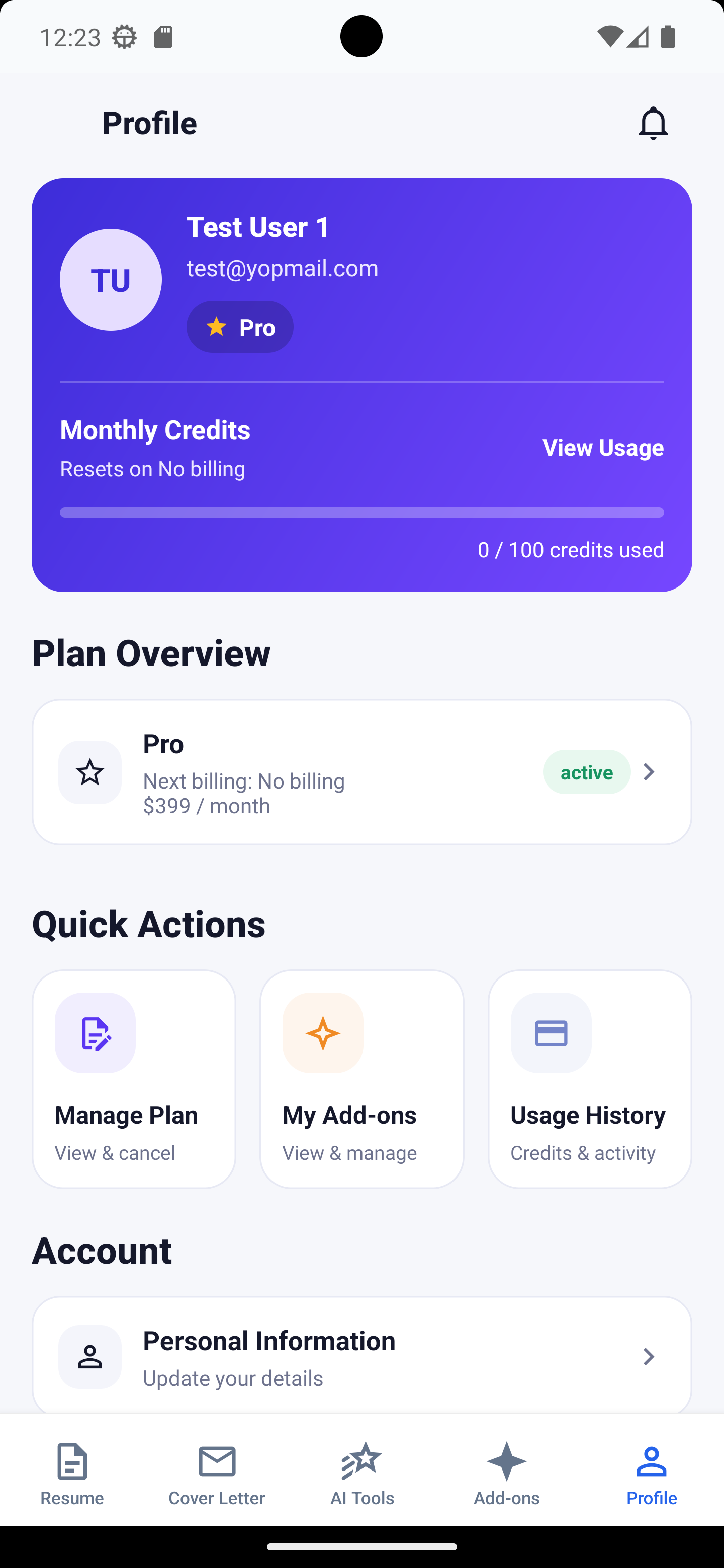 AI Resume Maker profile screen with account and plan details